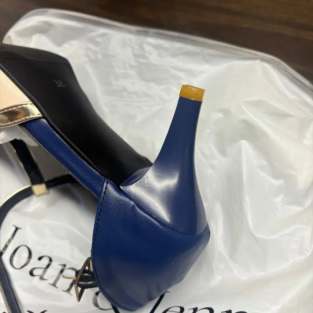 June Joan & Jenny Mary Jane Heels Shoes 38 US7.5 Cream Blue T-Strap Kitten Heels